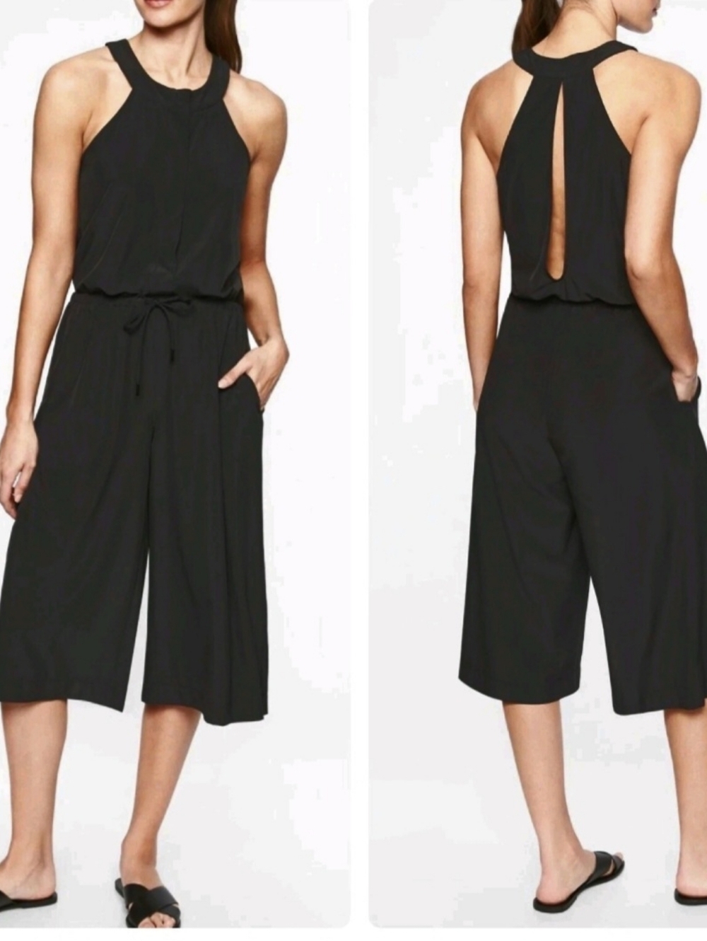 Athleta Mercer Open Back Halter Romper Capri Jumpsuit Size 10 Black